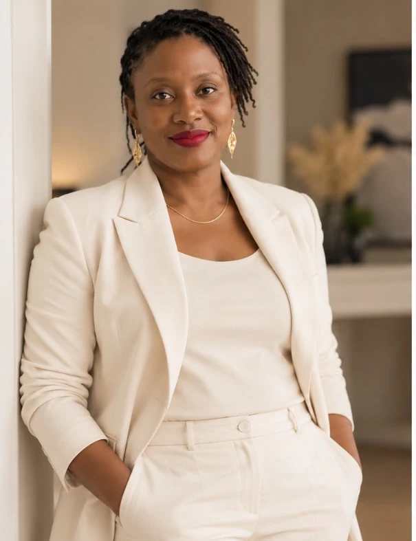 Hadja Cissé debout en tailleur ivoire, les mains dans les poches, dans un intérieur lumineux